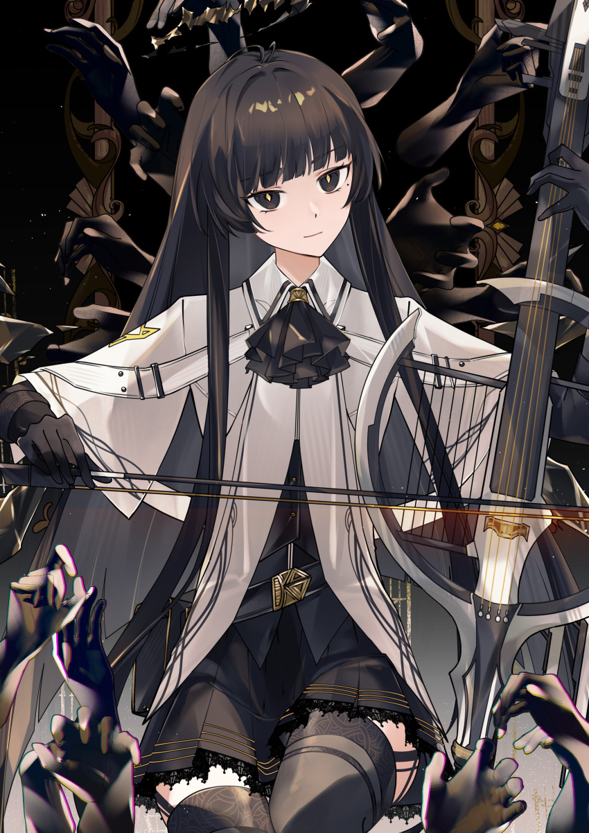 1girl, absurdres, arknights, ascot, black_ascot, black_eyes, black_gloves, black_hair