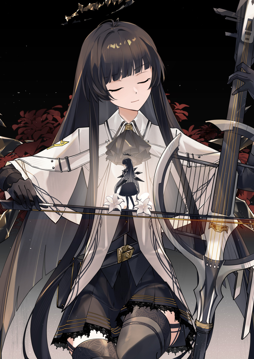 2girls, absurdres, arknights, ascot, black_ascot, black_gloves, black_hair, black_skirt