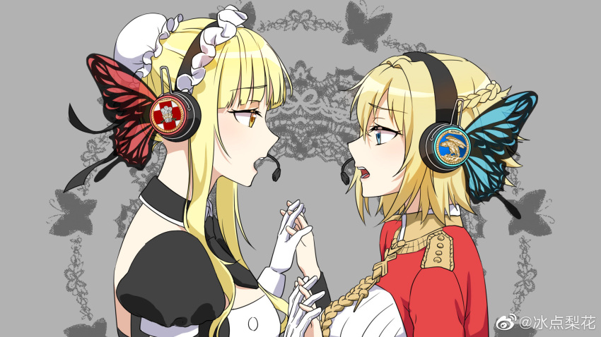 2girls, behind-the-head_headphones, bingdian_lihua, blonde_hair, blue_eyes, braid, breasts, bug