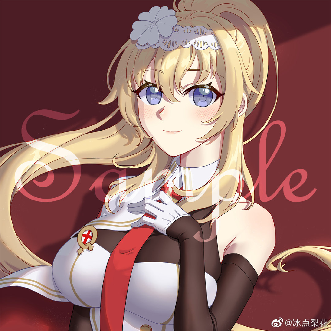 1girl, artist_name, bare_shoulders, bingdian_lihua, blonde_hair, blue_eyes, blush, breasts