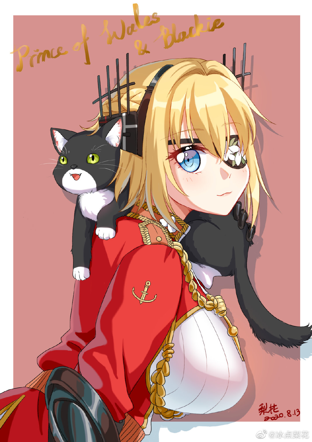 1girl, aiguillette, artist_name, bingdian_lihua, black_cat, blonde_hair, blue_eyes, breast_rest