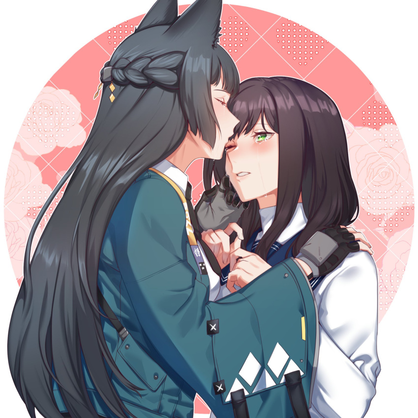 2girls, animal_ears, aya_(terrainakka), black_gloves, blunt_bangs, blush, brown_hair, closed_eyes