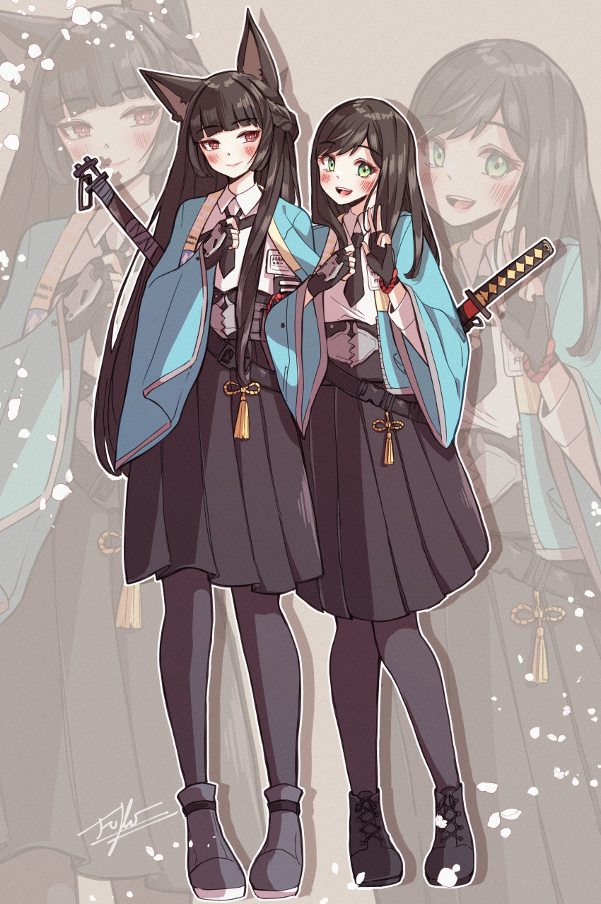 2girls, absurdres, animal_ears, black_gloves, black_hair, black_necktie, black_pantyhose, black_skirt, blunt_bangs, blush, brown_hair, commission, fingerless_gloves, fox_ears, fox_girl, fukosshi, full_body, gloves, green_eyes, hair_between_eyes, highres, hoshimi_miyabi, long_hair, multiple_girls, necktie, original, pantyhose, red_eyes, second-party_source, shirt, sidelocks, skirt, smile, standing, white_shirt, zenless_zone_zero