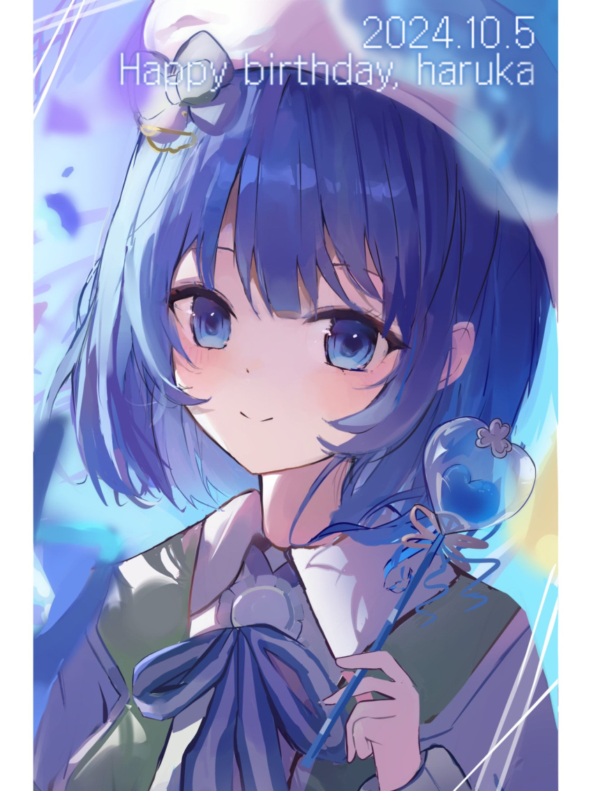1girl, beret, blue_bow, blue_eyes, blue_hair, blue_ribbon, blush, border