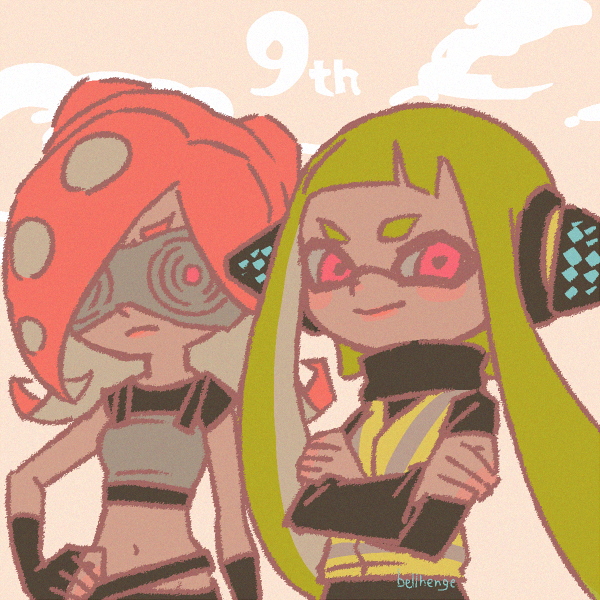 2girls, bellhenge, belt, bike_shorts, black_gloves, black_headphones, blonde_hair, breasts