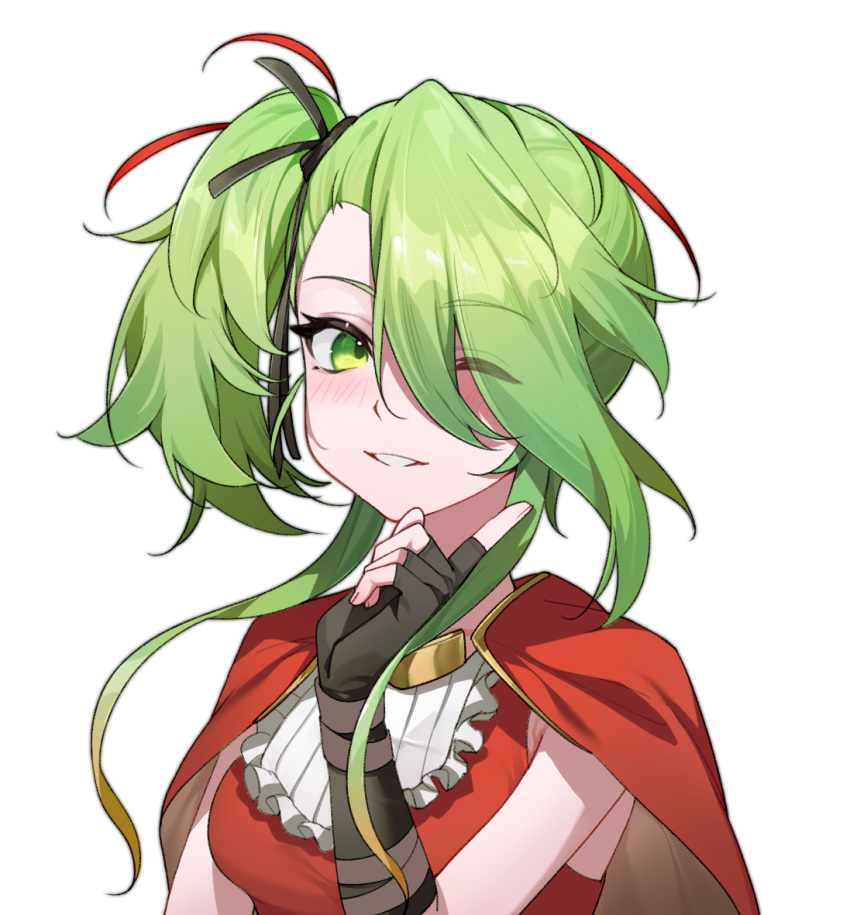 1girl, blush, cape, deathpolca, demons_roots, fingerless_gloves, gloves, green_eyes