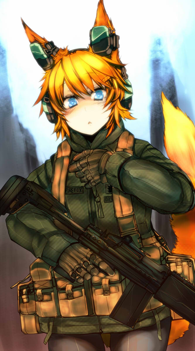1girl, battle_rifle, blonde_hair, blue_eyes, earmuffs, extra_ears, firefox, four_ears, gloves, gun, highres, load_bearing_vest, m14, military, mk_14_mod_0_ebr, operator, original, os, os-tan, personification, rifle, short_hair, sigama, sigma_(artist), solo, tail, trigger_discipline, weapon