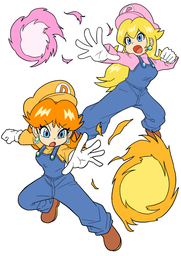 2girls, blonde_hair, blue_overalls, brown_hair, earrings, fireball, flower_earrings, gloves, hat, jewelry, junnosu, multiple_girls, open_mouth, orange_hat, orange_shirt, overalls, pink_hat, pink_shirt, princess_daisy, princess_peach, shirt, simple_background, super_mario_bros., white_background, white_gloves