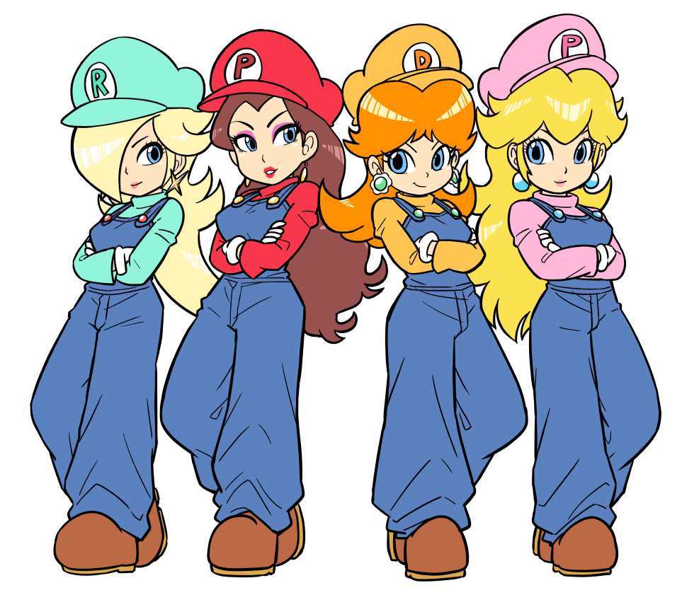 4girls, blonde_hair, blue_eyes, blue_hat, blue_overalls, blue_shirt, brown_footwear, brown_hair, crossed_arms, earrings, flower_earrings, gloves, hair_over_one_eye, hat, jewelry, junnosu, multiple_girls, orange_hat, orange_shirt, overalls, pauline_(mario), pink_hat, pink_shirt, princess_daisy, princess_peach, red_hat, red_shirt, rosalina, shirt, simple_background, smile, star_(symbol), star_earrings, super_mario_bros., white_background, white_gloves
