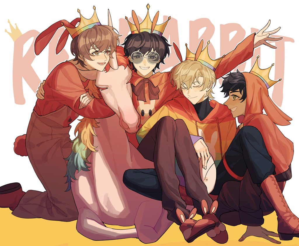 4boys, alternate_costume, animal_ears, animal_hood, blonde_hair, boots, brown_hair, chinese_commentary