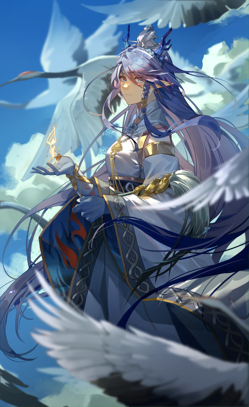 1girl, absurdres, animal_request, arknights, bird, blue_eyes, blue_hair, blurry