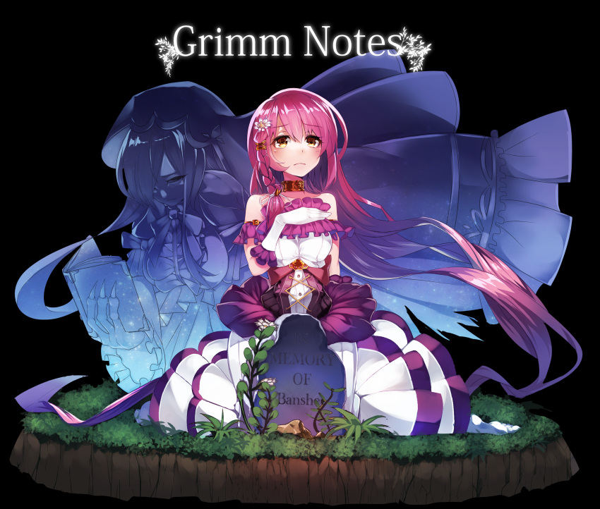 2girls, banshee_(grimms_notes), black_background, book, braid, breasts, christine_(grimms_notes), claws, closed_eyes, copyright_name, corset, dress, gloves, grimms_notes, hatahata_p_(taritari1648), highres, holding, holding_book, large_breasts, long_hair, monster_girl, multiple_girls, pink_hair, plant, tombstone, veil, white_gloves, yellow_eyes