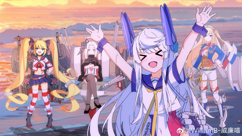 >_<, 3girls, 4girls, absurdres, andrea_doria_(warship_girls_r), blonde_hair, blue_eyes, blue_skirt