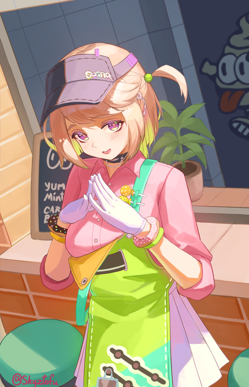 1girl, absurdres, apron, artist_name, black_choker, blonde_hair, blush, bracelet