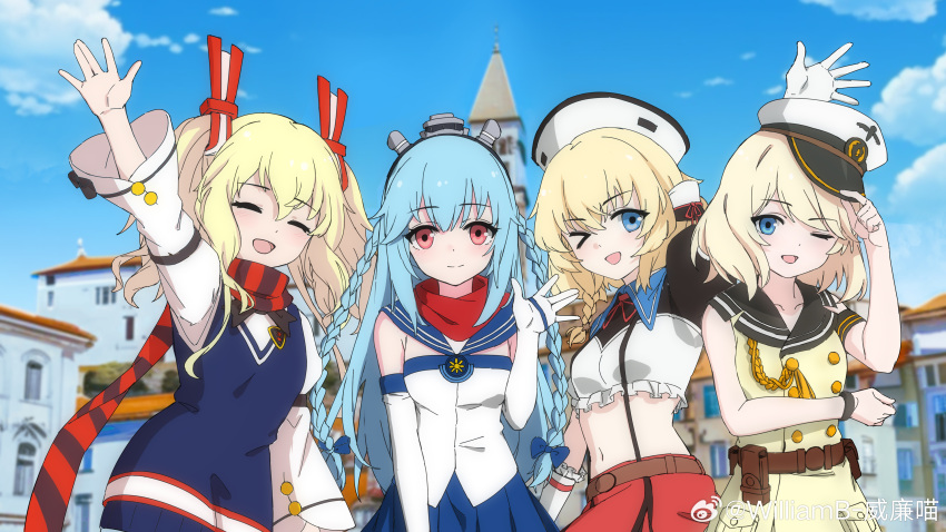 4girls, absurdres, blonde_hair, blue_eyes, blue_hair, braid, closed_eyes, fubuki_(warship_girls_r), gearing_(warship_girls_r), gloves, glowworm_(warship_girls_r), hat, highres, long_hair, looking_at_viewer, multiple_girls, one_eye_closed, open_mouth, peaked_cap, red_eyes, scarf, short_hair, sky, twin_braids, warship_girls_r, weibo_logo, weibo_watermark, williamb, z16_friedrich_eckoldt_(warship_girls_r)