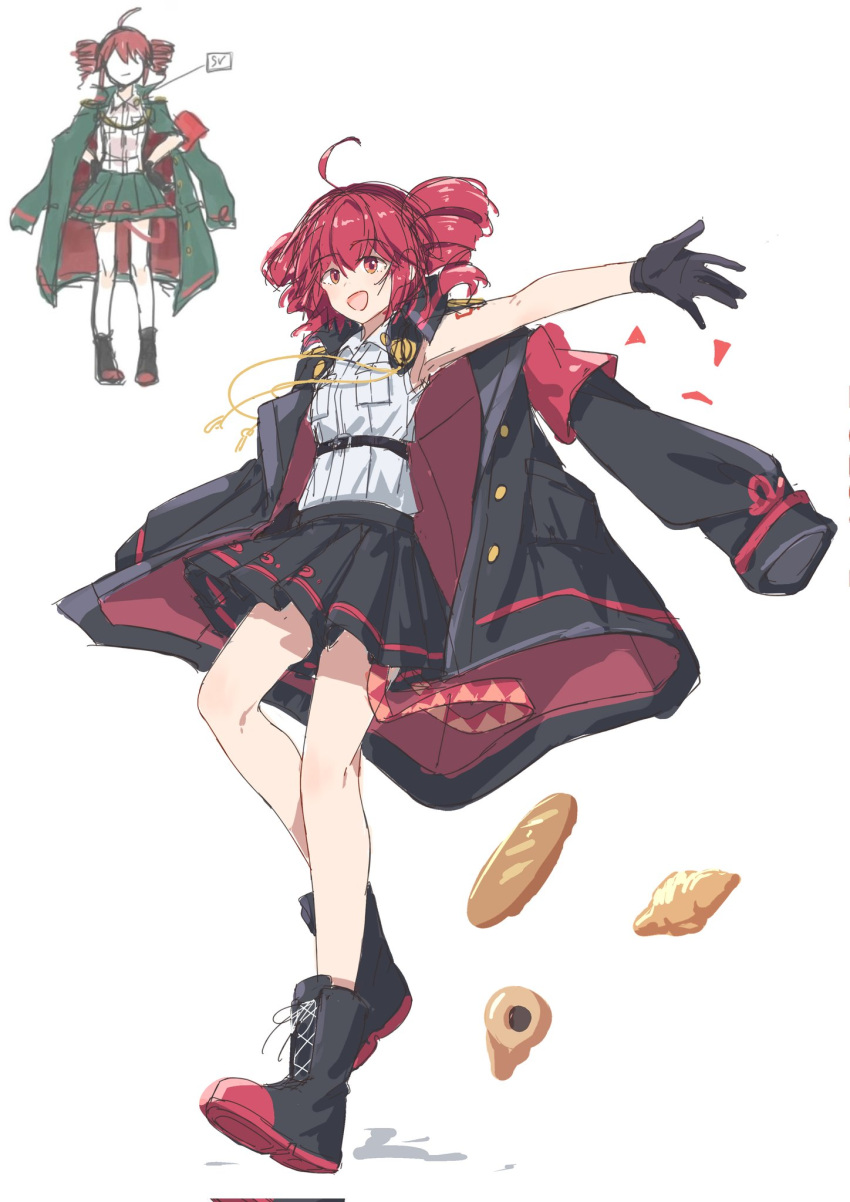 1girl, ahoge, baguette, belt, black_belt, black_coat, black_footwear, black_gloves