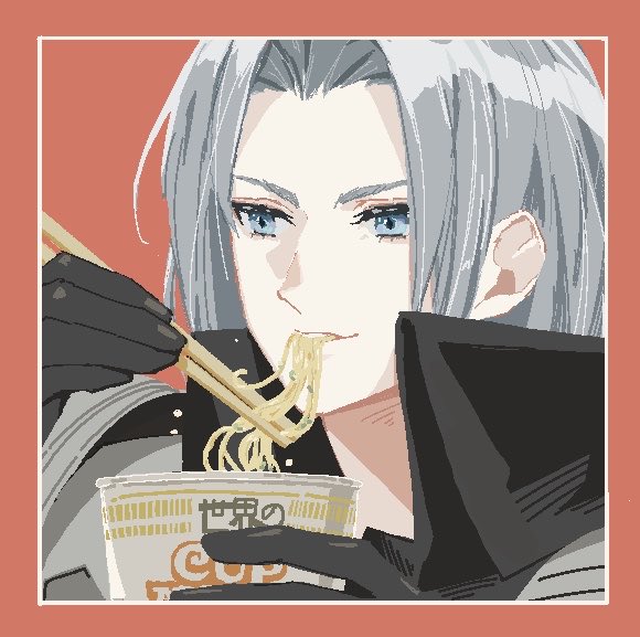 1boy, alternate_eye_color, armor, black_coat, black_gloves, chopsticks, coat, commentary_request