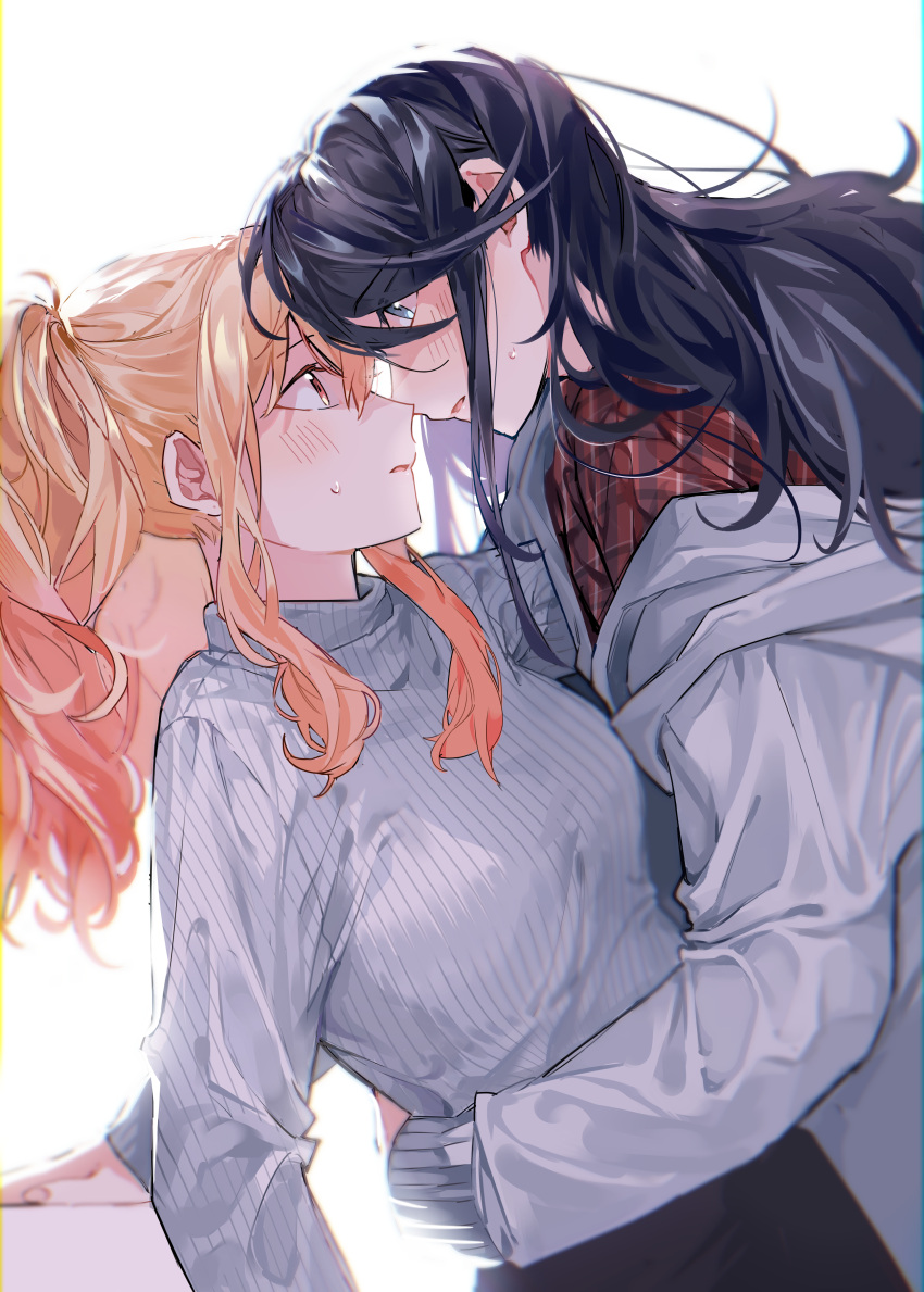 2girls, absurdres, black_hair, black_skirt, blonde_hair, bloom, bluish_gray_cat, blush