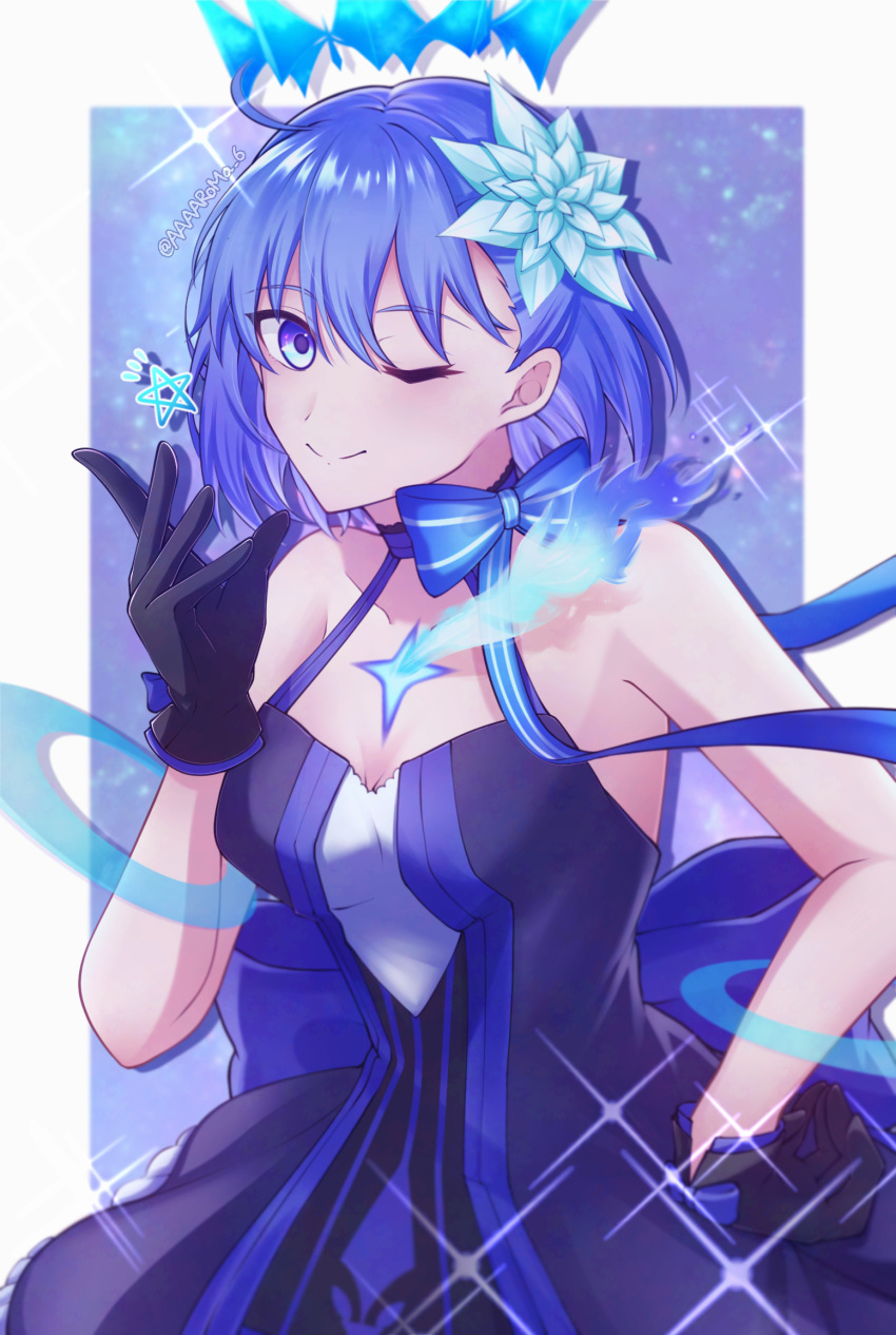 1girl, ahoge, aroma_(aaaaroma_6), bare_shoulders, black_gloves, blue_eyes, blue_fire, blue_hair