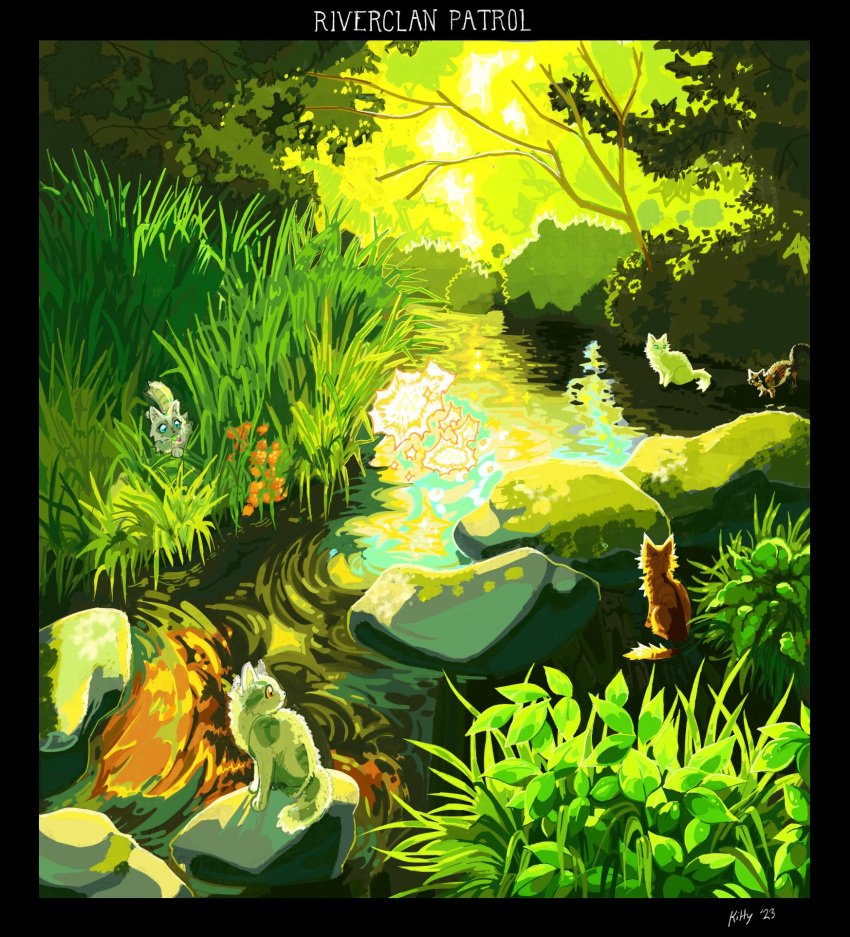 a_starless_clan, animal, animal_focus, black_border, border, cat, character_request, commentary, day, english_commentary, english_text, frostpaw, grass, green_theme, highres, kitty_(fernwhisker), leaf, nature, no_humans, river, rock, scenery, sitting, tall_grass, tree, warrior_cats, water
