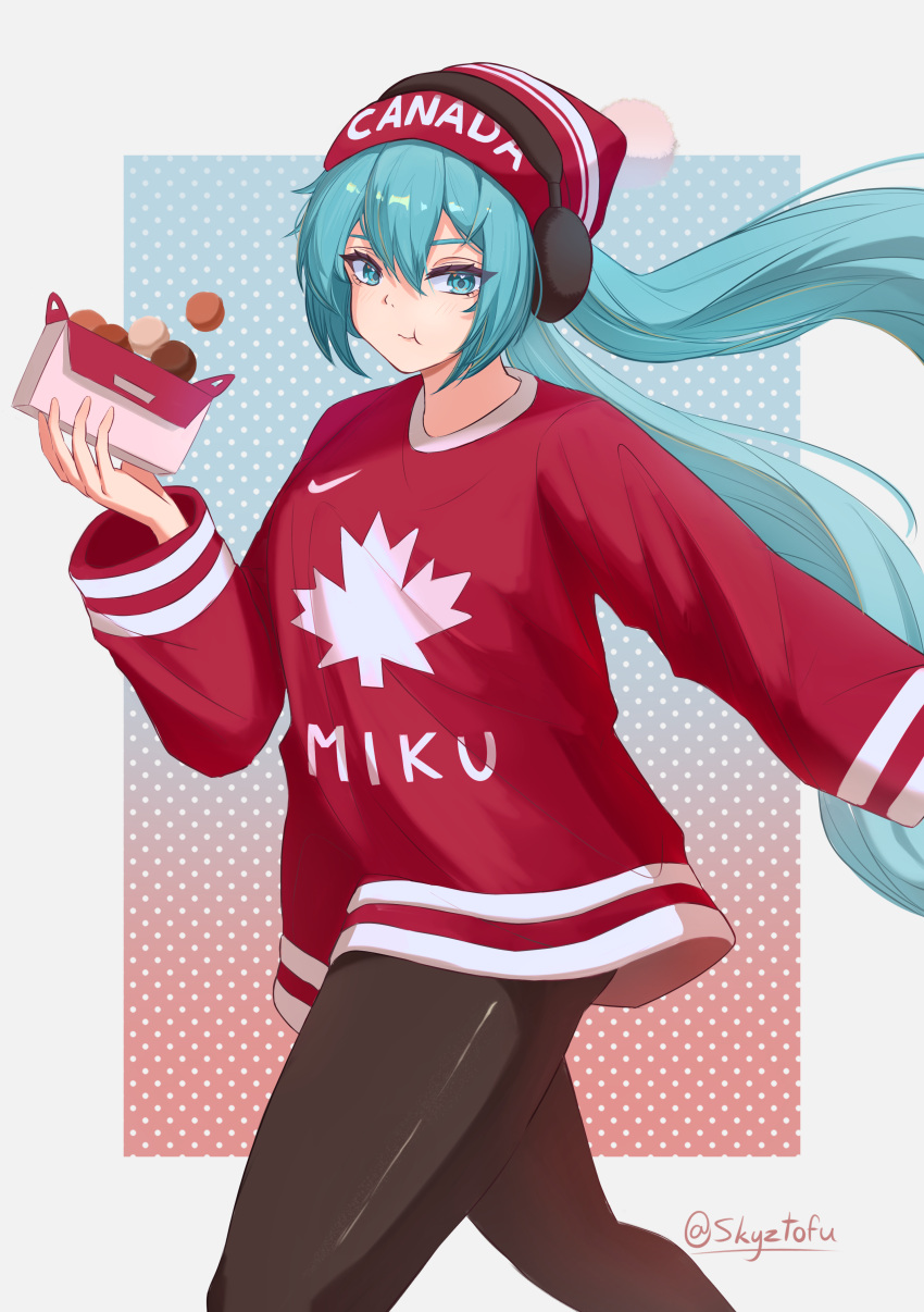 1girl, :t, absurdres, aqua_eyes, aqua_hair, artist_name, beanie, black_pantyhose