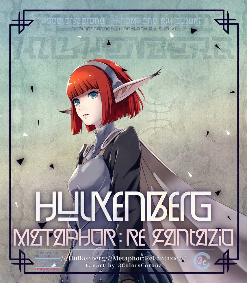1girl, armor, armored_dress, artist_name, black_dress, blue_eyes, blunt_bangs, breastplate, cape, character_name, commentary_request, copyright_name, dress, grey_background, hairband, hulkenberg_(metaphor:_refantazio), long_sleeves, looking_at_viewer, metaphor:_refantazio, official_alternate_costume, pointy_ears, redhead, short_hair, solo, suzuki_hinomi, white_cape