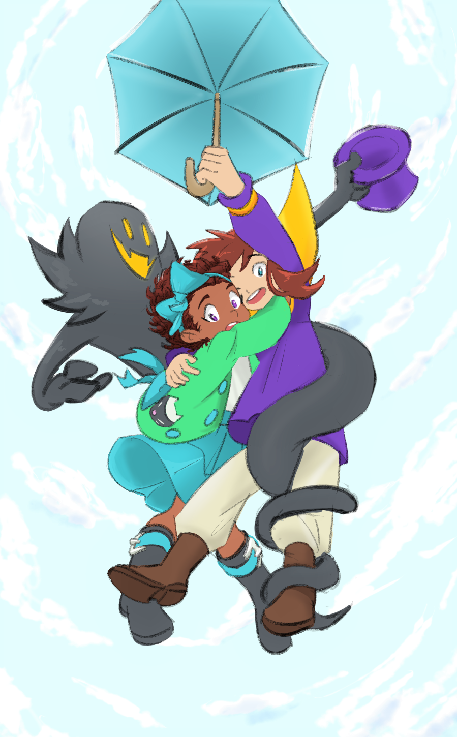 1boy, 2girls, a_hat_in_time, ankle_boots, belt_boots, belt_buckle, black_footwear, blue_bow