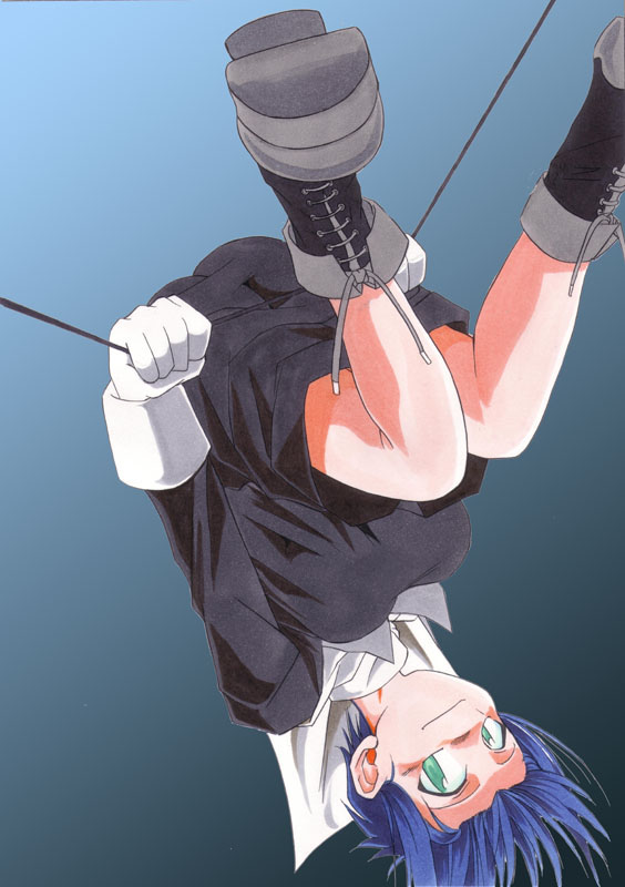 blue_hair, boots, ciel, error, gloves, gradient, gradient_background, green_eyes