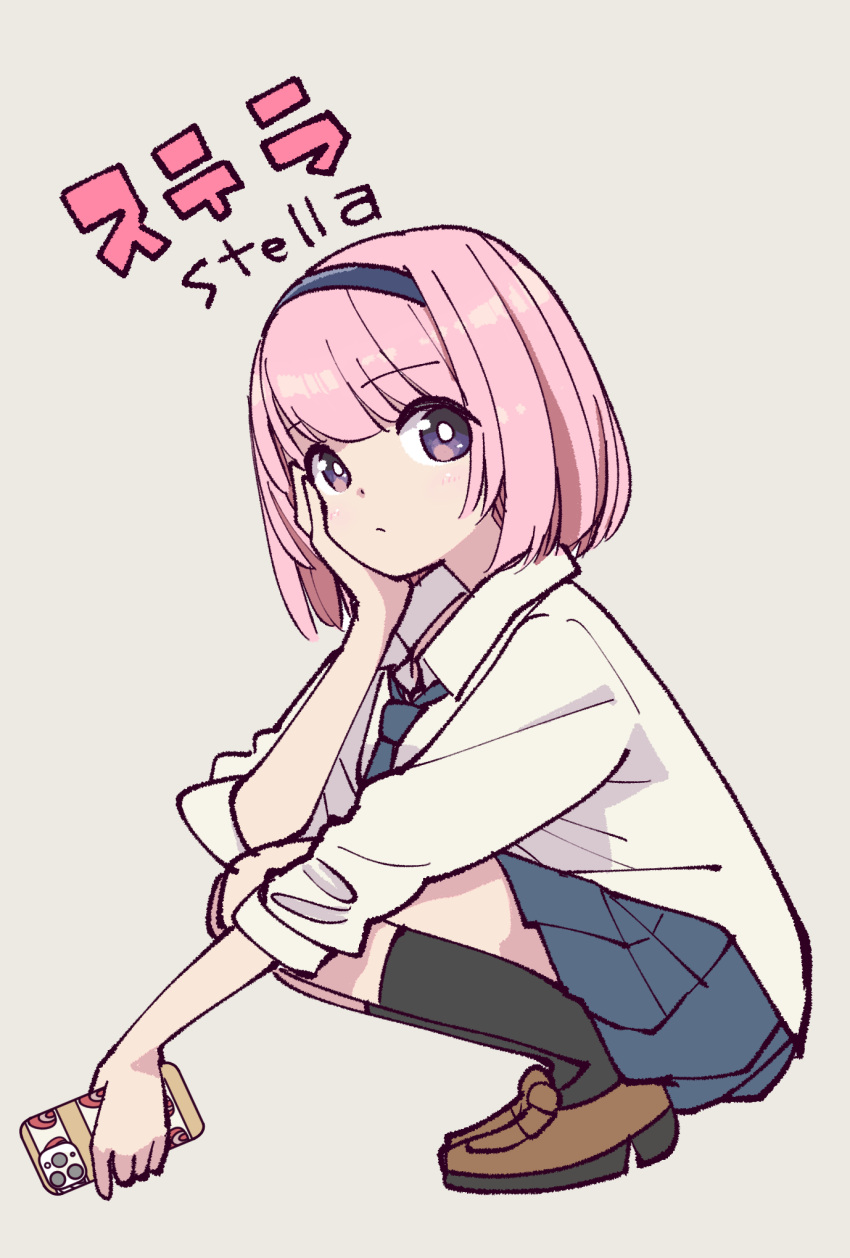 black_socks, blue_necktie, blue_skirt, brown_footwear, character_name, closed_mouth, full_body, hand_on_own_face