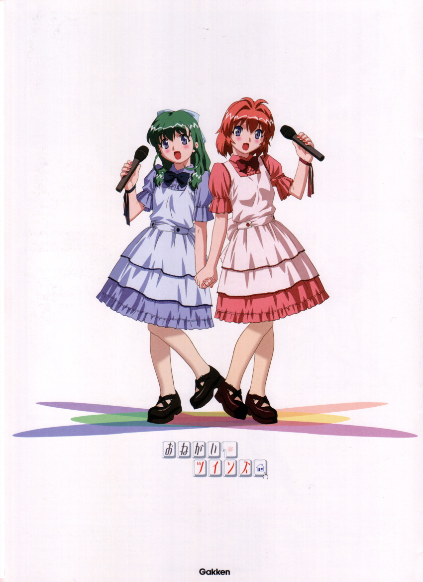 2girls, antenna_hair, apron, aqua_apron, aqua_bow, artist_request, blue_bow, blue_bowtie