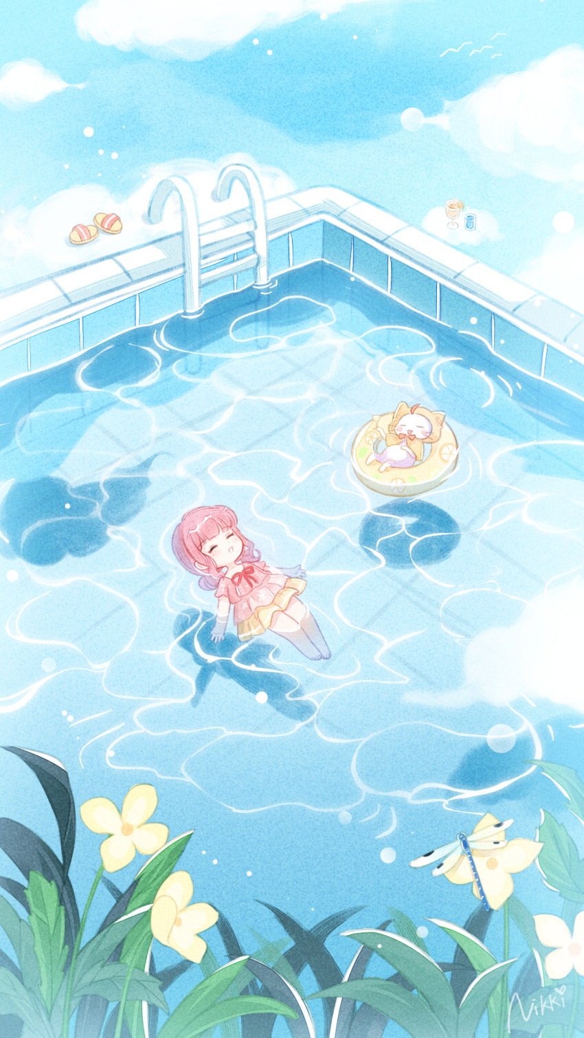 1girl, ^_^, animal, artist_request, bare_arms, bare_legs, barefoot, blunt_bangs
