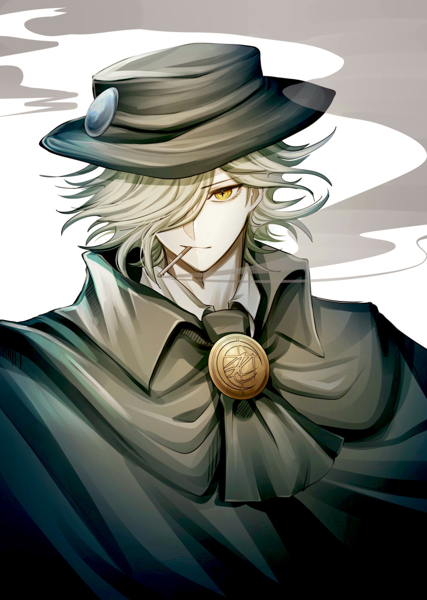 1boy, absurdres, ascot, cigarette, cloak, collared_cloak, collared_shirt, edmond_dantes_(fate)