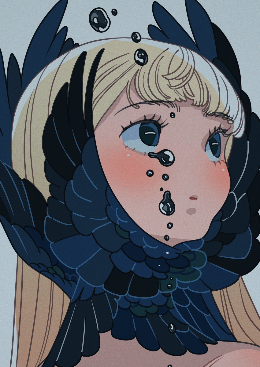1girl, black_feathers, black_tears, black_wings, blonde_hair, blue_background, blue_eyes, blue_feathers
