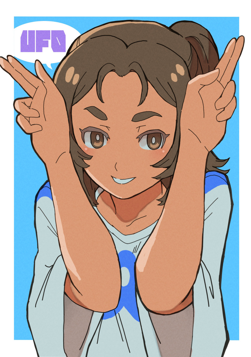1boy, absurdres, brown_eyes, brown_hair, highres, horns_pose, k_katora, long_hair