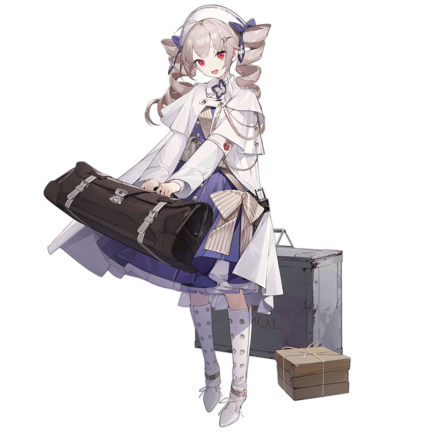 1girl, :d, ahoge, aiguillette, bag, bailing_twine, black_bag, blue_dress, blue_ribbon, boots, box, coat, coat_dress, crate, doctor, dress, drill_hair, duffel_bag, full_body, girls_frontline, griffin_&amp;_kryuger, gyaku_tsubasa, hair_ornament, hair_ribbon, hairclip, hat, highres, holding, holding_bag, knee_boots, long_hair, long_sleeves, looking_at_viewer, no_socks, nurse_cap, official_alternate_costume, official_art, overcoat, pouch, pp-90_(girls'_frontline), pp-90_(lullaby_beneath_the_light)_(girls'_frontline), red_eyes, ribbon, simple_background, smile, solo, standing, string, third-party_source, transparent_background, twin_drills, white_coat, white_footwear, white_hair, white_hat