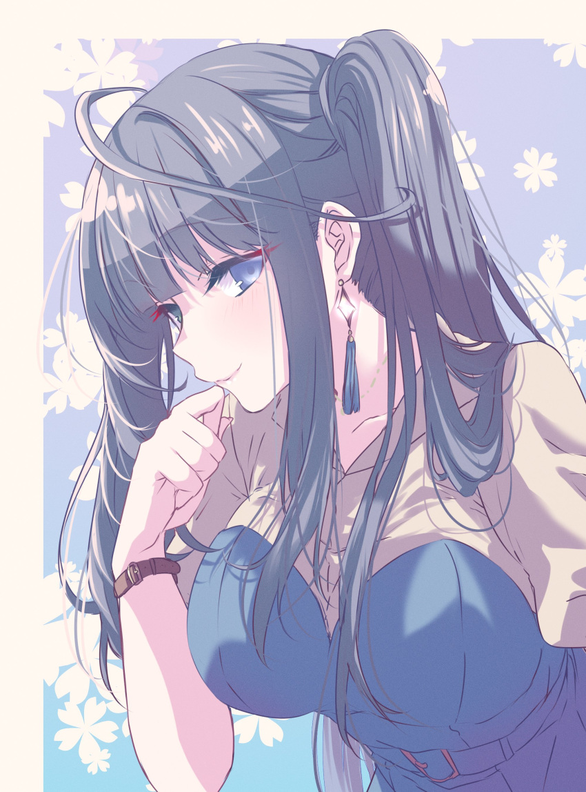 1girl, absurdres, aoi_noa, black_hair, blouse, blue_eyes, blunt_bangs, bracelet, breasts, collarbone, dress, earrings, green_eyes, heterochromia, highres, jewelry, large_breasts, lips, long_hair, nape, naridon, piercing, pole_princess!!, shirt, side_ponytail, three_quarter_profile, watch, watch
