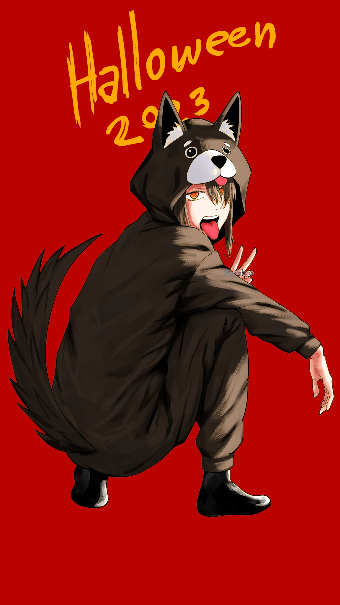 1girl, 2023, animal_costume, brown_hair, chainsaw_man, commentary, dog_costume, from_behind