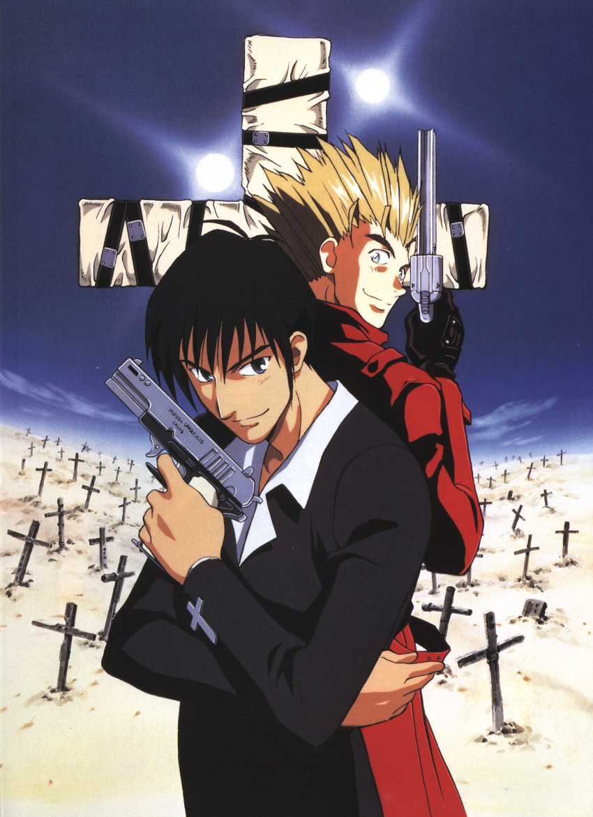 2boys, absurdres, back-to-back, black_hair, black_suit, blonde_hair, coat, cross