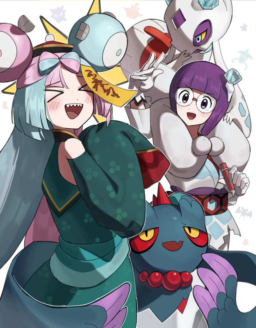 2girls, bare_shoulders, blue_hair, bob_cut, bow-shaped_hair, character_hair_ornament, detached_sleeves, dress