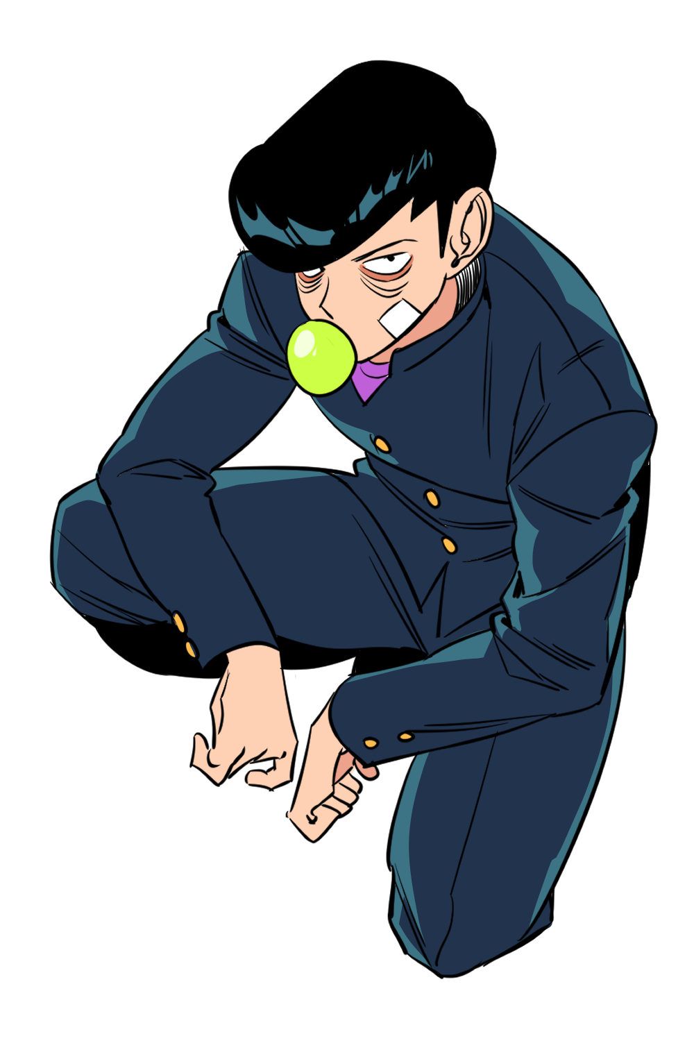 1boy, bags_under_eyes, bandaid, bandaid_on_cheek, bandaid_on_face, black_eyes, black_hair, blowing_bubbles