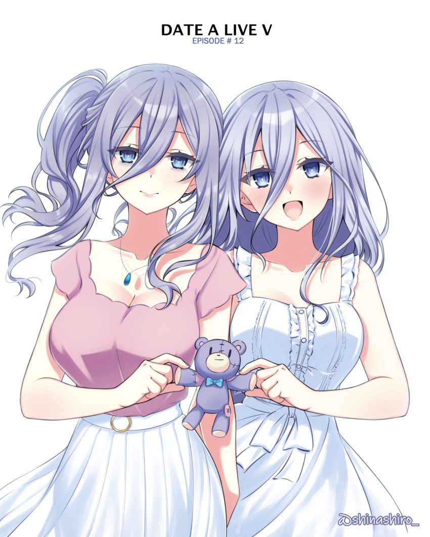2girls, blue_eyes, blue_hair, breasts, collarbone, date_a_live, dress, hair_between_eyes