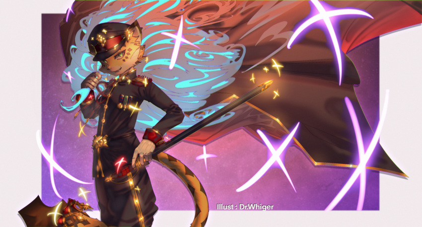 1boy, artist_name, black_jacket, black_pants, cape, cheetah_boy, dr_whiger, furry