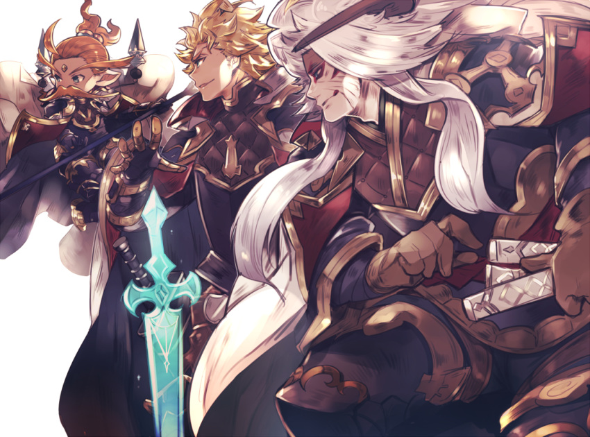 3boys, anre_(granblue_fantasy), blonde_hair, blue_eyes, brown_gloves, brown_headband, brown_horns, cape, commentary_request, draph, eahta_(granblue_fantasy), facepaint, facial_hair, forehead_jewel, gloves, granblue_fantasy, grin, hand_on_weapon, harvin, headband, holding, holding_polearm, holding_weapon, horns, long_hair, male_focus, multiple_boys, mustache, orange_hair, polearm, seofon_(granblue_fantasy), sheath, sheathed, short_hair, smile, sword, thick_mustache, tokunaki_nozomu, weapon, white_hair
