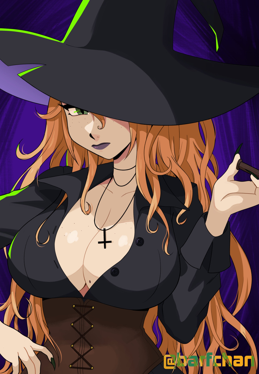 absurdres, barfchan, black_hat, black_shirt, breasts, corset, curly_hair, green_eyes