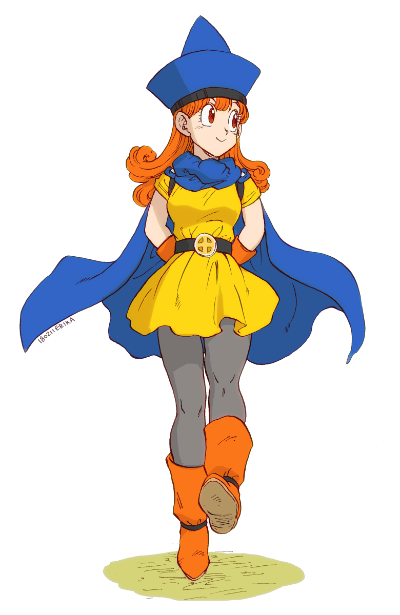 alena_(dq4), arms_behind_back, blue_cape, blue_hat, boots, cape, commentary_request, curly_hair