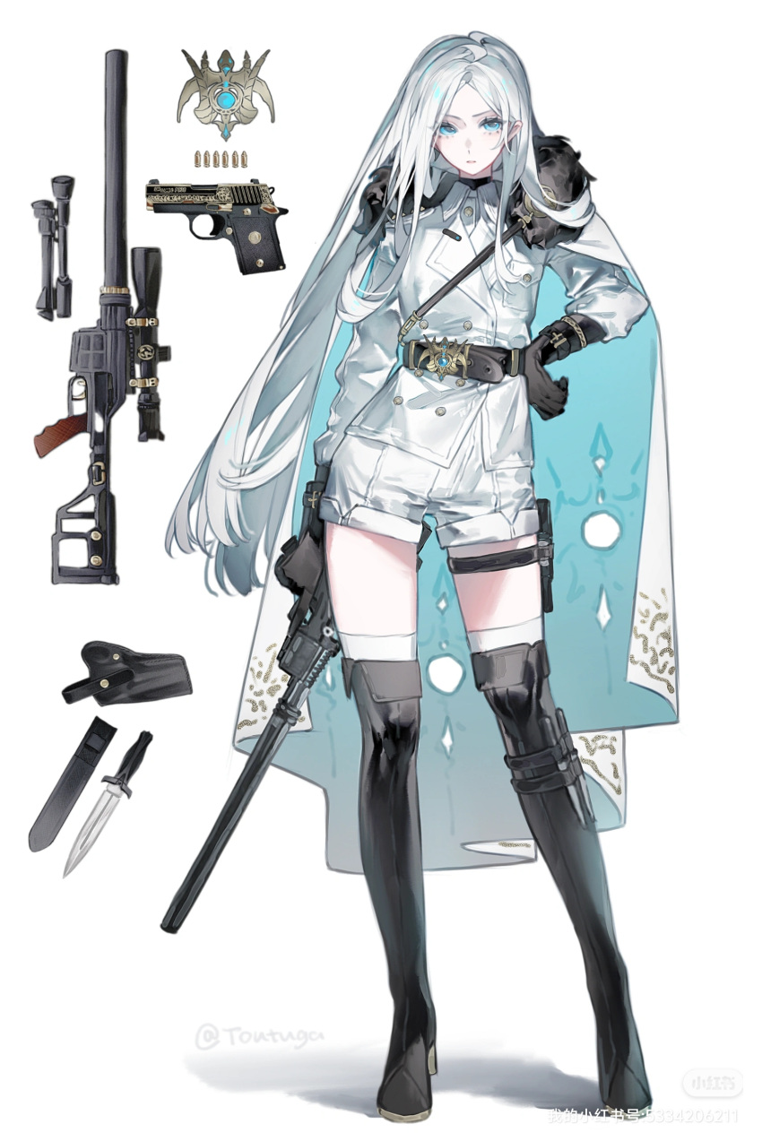 1girl, absurdres, artist_name, badge, belt, belt_buckle, black_belt, black_footwear, black_gloves, blue_cape, blue_eyes, boots, buckle, cape, chinese_commentary, collared_jacket, commentary_request, dagger, dot_nose, double-parted_bangs, expressionless, eyelashes, full_body, fur-trimmed_cape, fur_trim, gloves, gun, hand_on_own_hip, handgun, high_belt, high_heel_boots, high_heels, highres, holding, holding_gun, holding_weapon, holster, jacket, knife, lapels, latex, latex_boots, long_hair, long_sleeves, looking_at_viewer, military_uniform, notched_lapels, original, parted_lips, pointy_ears, reference_sheet, shadow, sheath, shiguilinga, shotgun, simple_background, solo, standing, straight_hair, thigh-highs, thigh_belt, thigh_boots, thigh_strap, two-sided_cape, two-sided_fabric, very_long_hair, weapon, white_background, white_cape, white_hair, white_jacket, white_thighhighs, xiaohongshu_logo