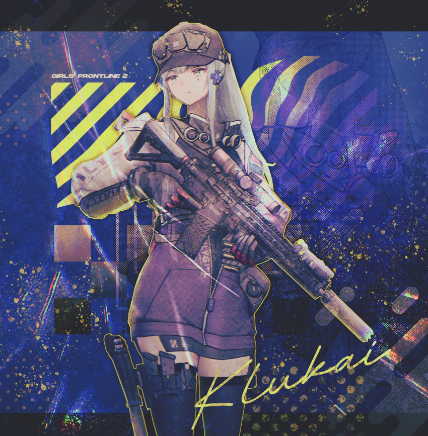 1girl, abstract_background, absurdres, assault_rifle, baseball_cap, black_gloves, black_hat, black_thighhighs