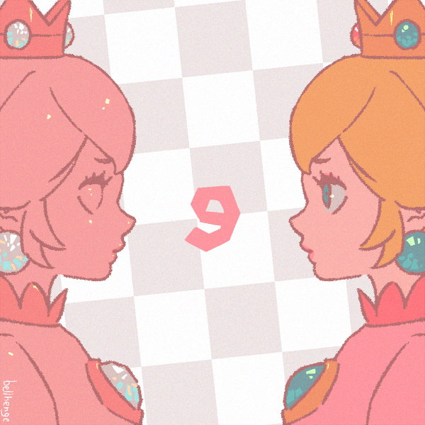 2girls, bellhenge, blonde_hair, blue_brooch, brooch, colored_skin, crown, dress
