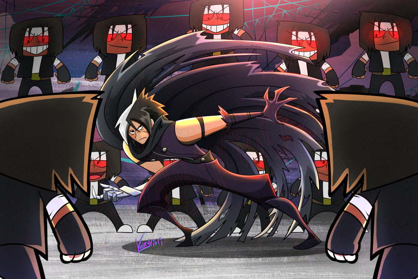 black_cloak, black_hair, brown_hair, cloak, clone, closed_mouth, curtained_hair, dark_skin