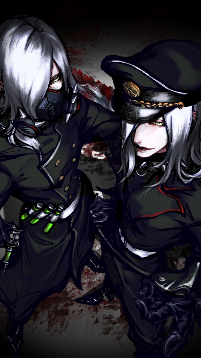 2boys, akechi_mitsuhide_(sengoku_basara), akechimekaede, belt, black_coat, black_footwear, black_gloves, blood